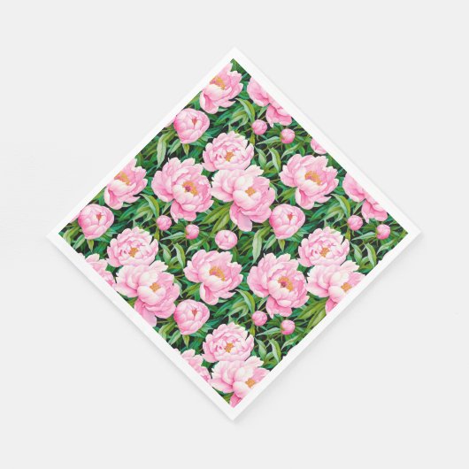 Roze pioenroos bloesems op een bladerige achtergro servet (Hoek)