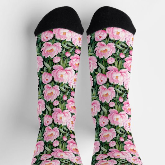 Roze pioenroos bloesems op een bladerige achtergro sokken (Top)