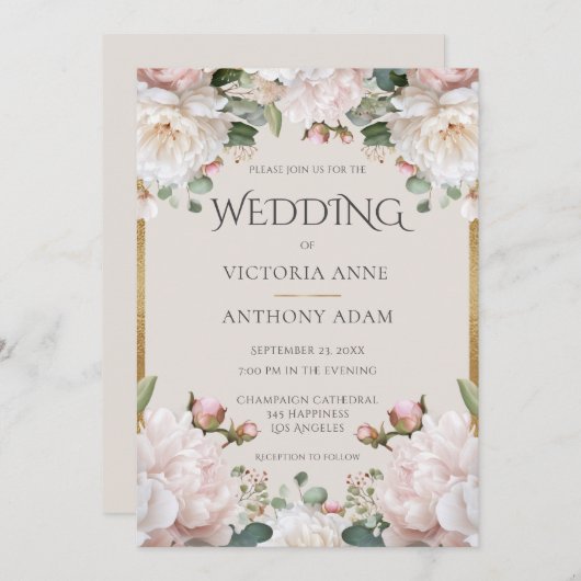 Roze pioenroos Floral Waterverf bruiloft uitnodigi Kaart (Voorkant / Achterkant)