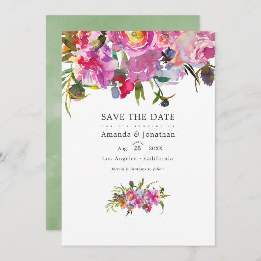 Roze Pioenroos Watercolor Trouwfoto Save The Date (Voorkant / Achterkant)