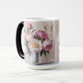  Roze Pioenrozen Art Deco Morphing Mok (Voorkant links)