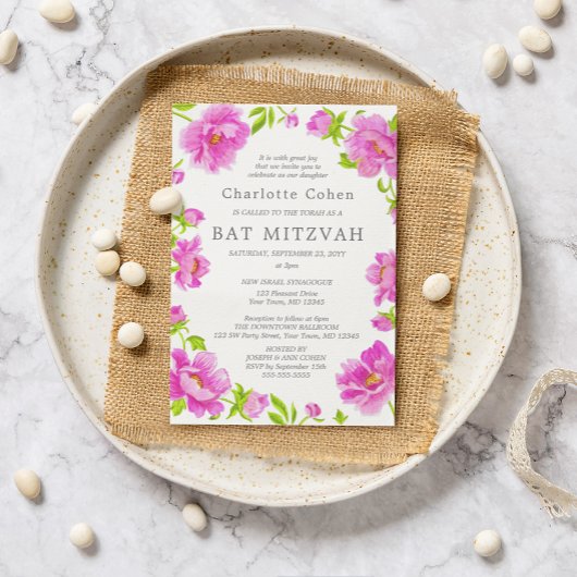 Roze Pioenrozen Bat Mitzvah Kaart