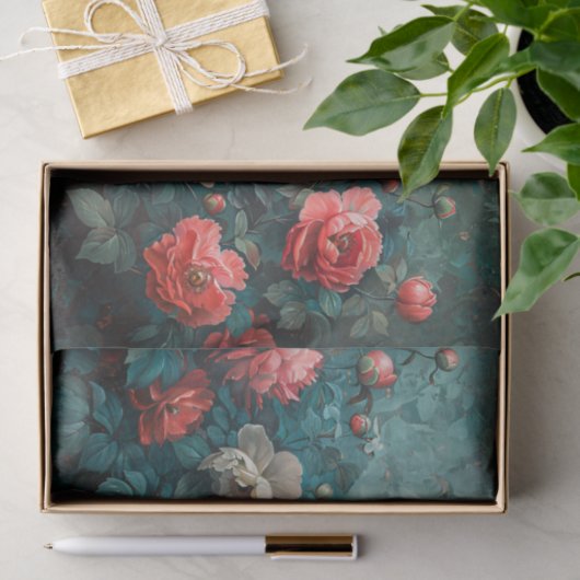 Roze Pioenrozen Blauwgroen Achtergrond Schilderen  Tissuepapier (Geschenk)