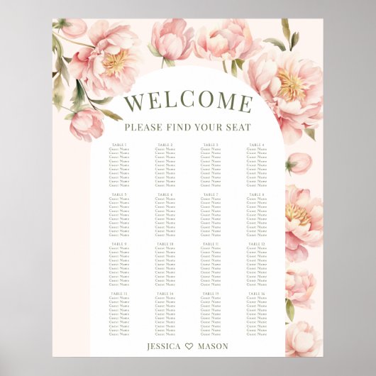 Roze pioenrozen bloemboog Bruiloft Zitkaarten Poster (Voorkant)