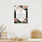 Roze Pioenrozen Bloemen Bruiloft Zwart Zitkaart Poster (Keuken)