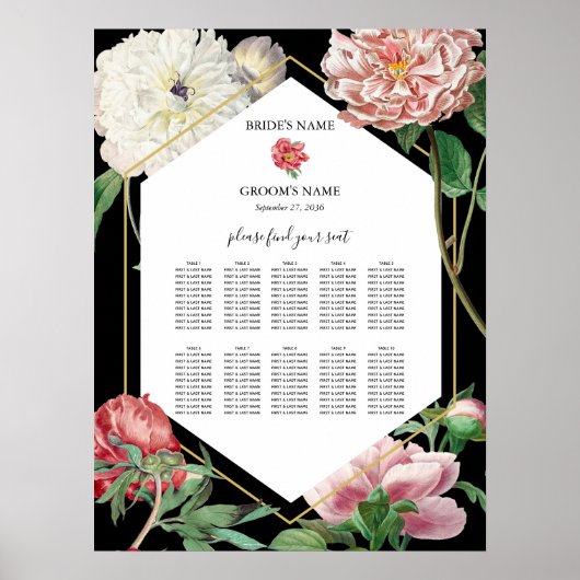 Roze Pioenrozen Bloemen Bruiloft Zwart Zitkaart Poster (Voorkant)