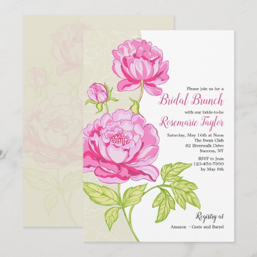 Roze pioenrozen Bloemenuitnodiging Kaart (Voorkant / Achterkant)