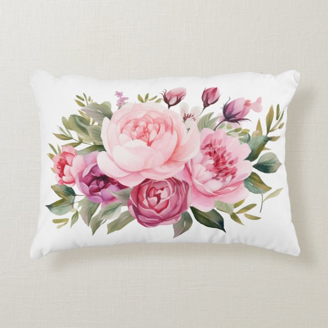 Roze Pioenrozen Bloemige Bloemen Waterverf Elegant Accent Kussen (Voorkant)