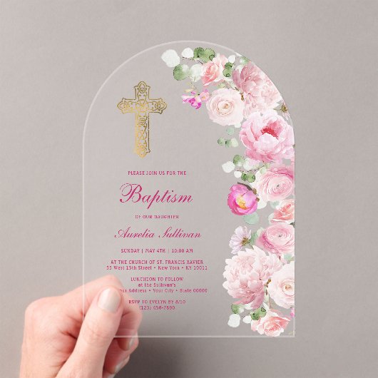 Roze pioenrozen boogdoop acryl uitnodigingen (Insitu (Draagbaar))