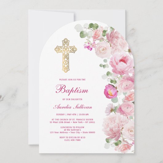 Roze pioenrozen boogdoop kaart (Voorkant)