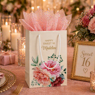 Roze Pioenrozen Bordeaux Bloemen Bladeren Sweet 16 Klein Cadeauzakje