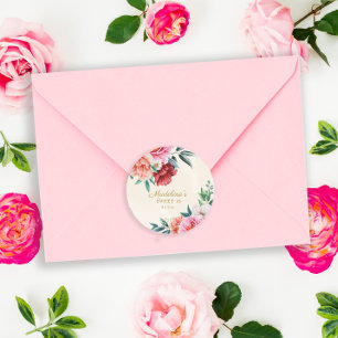 Roze Pioenrozen Bordeaux Bloemen Bladeren Sweet 16 Ronde Sticker