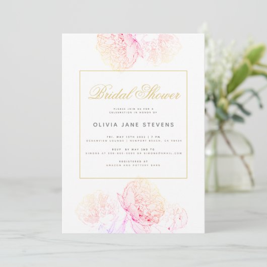 Roze Pioenrozen Elegante Script Moderne Bruidsdouc Kaart (Staand voorkant)