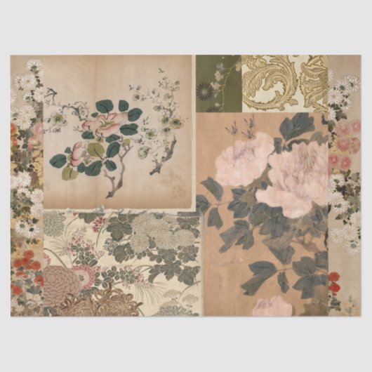 Roze Pioenrozen en Rozen Antiek Kunst Tissuepapier (Voorkant)