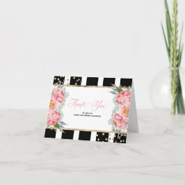 Roze Pioenrozen en Zwarte Strepen Elegante Dankjew Bedankkaart