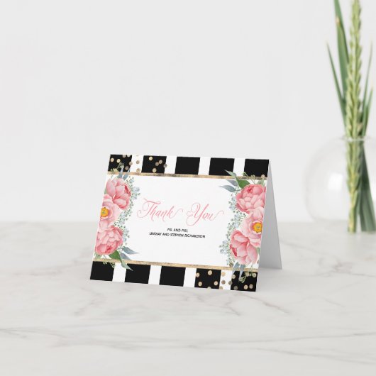 Roze Pioenrozen en Zwarte Strepen Elegante Dankjew Bedankkaart (Voorkant)