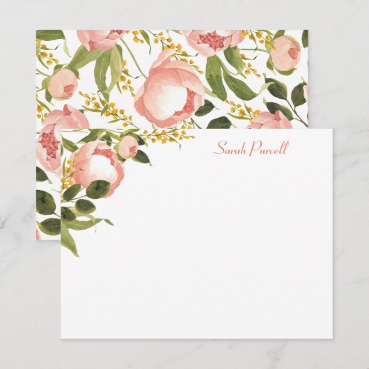 Roze Pioenrozen Gepersonaliseerde Platte Nota Kaar Notitiekaartje (Voorkant / Achterkant)