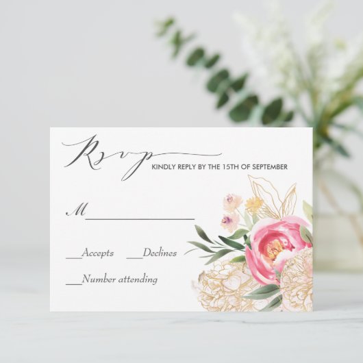 Roze Pioenrozen Gouden Waterverf bruiloft RSVP (Staand voorkant)