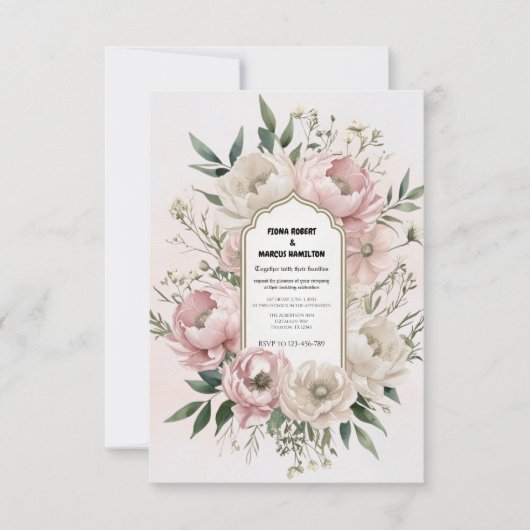 Roze Pioenrozen & Groene Romantische Boho RSVP Kaartje (Voorkant)