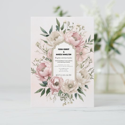 Roze Pioenrozen & Groene Romantische Boho RSVP Kaartje (Staand voorkant)