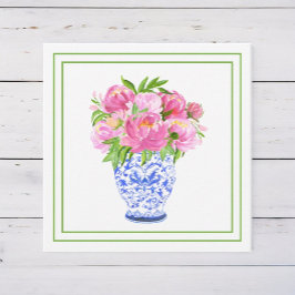 Roze Pioenrozen in Chinees Vaas met Groene Rand Notitiekaartje