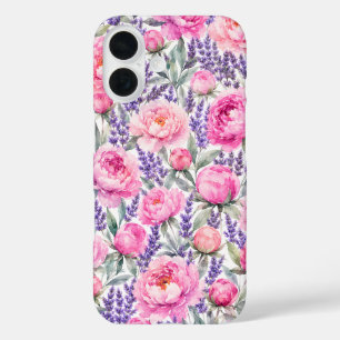 Roze Pioenrozen & Lavendel Waterverf Bloemmotief iPhone 16 Hoesje