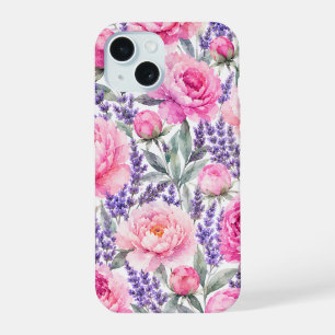 Roze Pioenrozen & Lavendel Waterverf Bloemmotief iPhone 15 Case