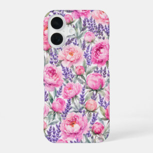 Roze Pioenrozen & Lavendel Waterverf Bloemmotief iPhone 16 Hoesje