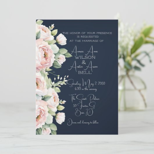 Roze Pioenrozen Marine achtergrond bruiloft uitnod (Staand voorkant)