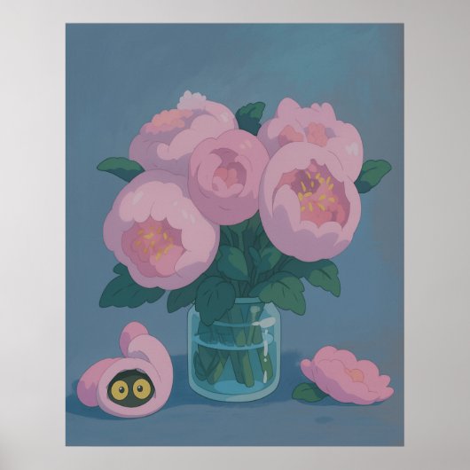 Roze Pioenrozen met Verborgen Kattenogen Poster (Voorkant)
