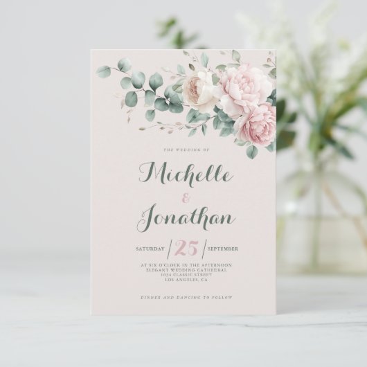 Roze pioenrozen mintgroene eucalyptusbladeren Brui Kaart (Staand voorkant)