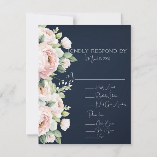 Roze Pioenrozen Navy Achtergrond Bruiloft RSVP Kaartje (Voorkant)