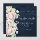 Roze Pioenrozen Navy Achtergrond Bruiloft Save The Date (Voorkant / Achterkant)