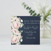 Roze Pioenrozen Navy Achtergrond Bruiloft Save The Date (Staand voorkant)