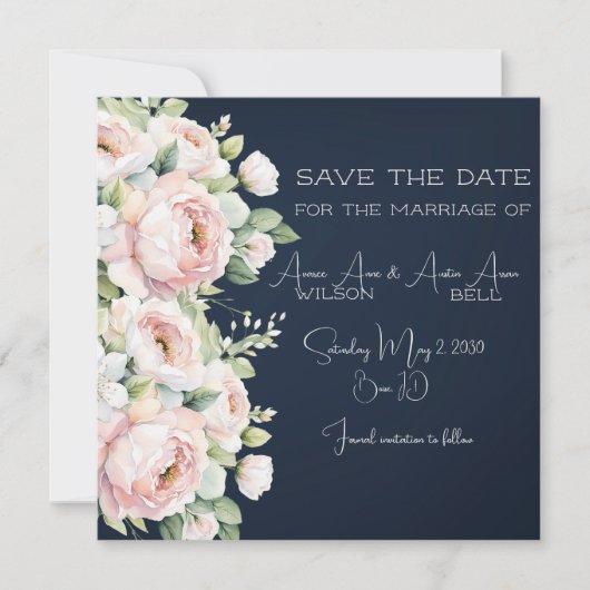 Roze Pioenrozen Navy Achtergrond Bruiloft Save The Date (Voorkant)