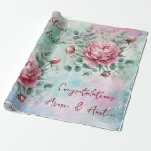 Roze Pioenrozen op blauw/roze bruiloft/douche Cadeaupapier (Uitgerold)