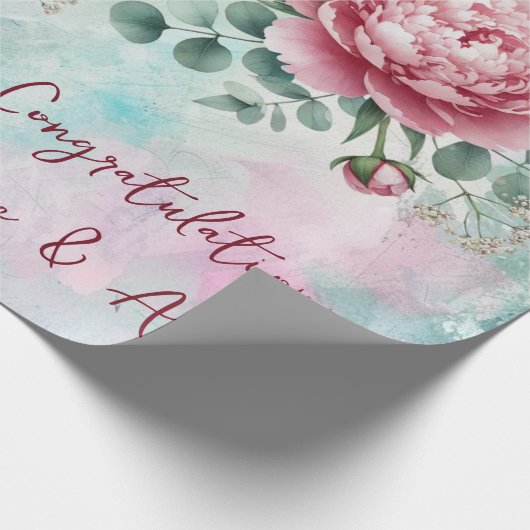 Roze Pioenrozen op blauw/roze bruiloft/douche Cadeaupapier (Hoek)