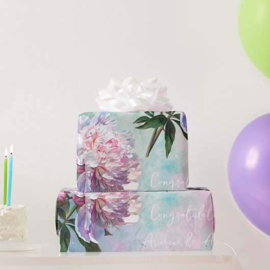 Roze Pioenrozen op blauw/roze bruiloft/douche Cadeaupapier (Feestgeschenken)