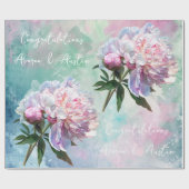 Roze Pioenrozen op blauw/roze bruiloft/douche Cadeaupapier (Vlak)