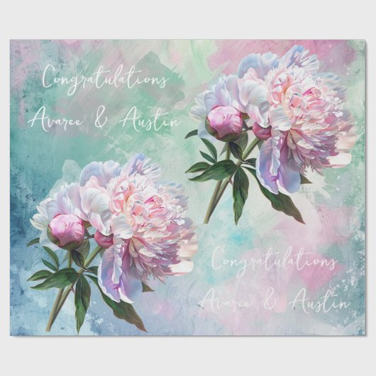 Roze Pioenrozen op blauw/roze bruiloft/douche Cadeaupapier (Vlak)