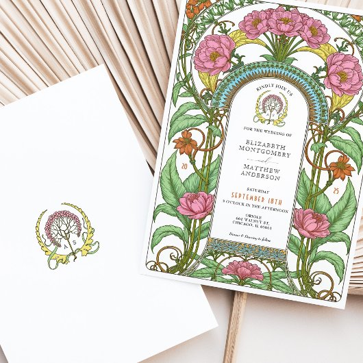 Roze Pioenrozen & Oranje Bloesems Art Nouveau Brui Kaart