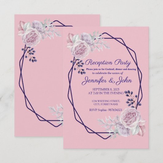 Roze Pioenrozen Paarse Geometrische Frame Ontvangs Kaart (Voorkant / Achterkant)