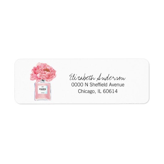 Roze Pioenrozen & Parfum Bloem Bruidsadres Etiket (Voorkant)