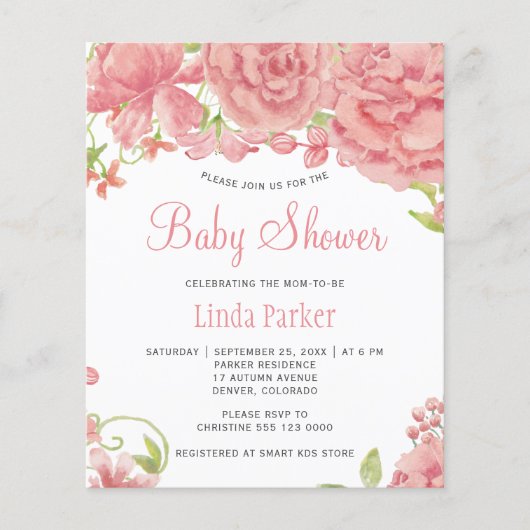 Roze pioenrozen rustieke budget babyshower uitnodi (Voorkant)