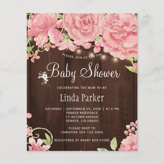 Roze pioenrozen rustieke goedkope babyshower uitno (Voorkant)