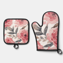 Roze Pioenrozen Waterverf Bloem Botanisch Geschild Ovenwant & Pannenlap Set