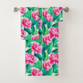 Roze Pioenrozen Waterverf Print Bad Handdoek (Insitu)