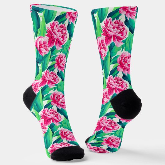 Roze Pioenrozen Waterverf Print Sokken (Gebogen)