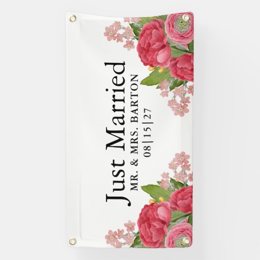 Roze pioenrozen zijn net getrouwd met autospandoek spandoek (Verticaal)