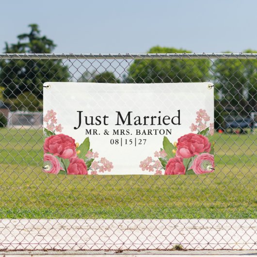 Roze pioenrozen zijn net getrouwd met autospandoek spandoek (Insitu)
